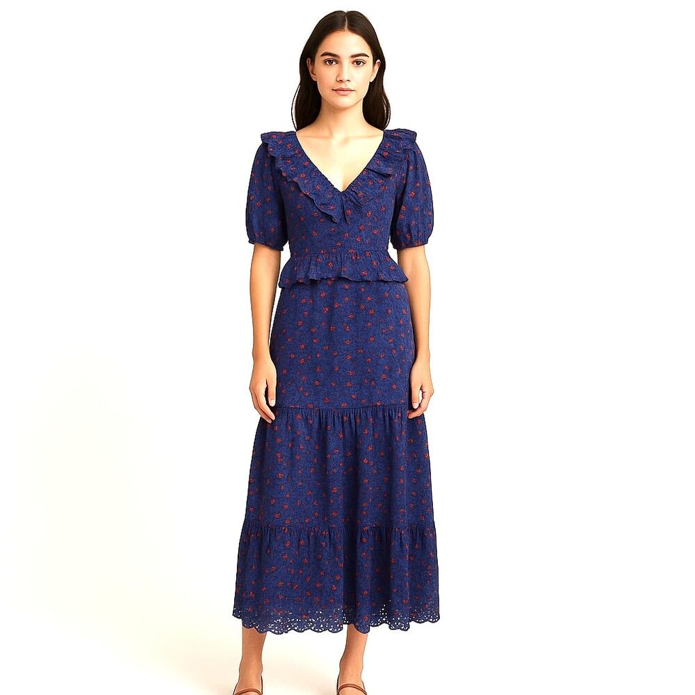 Urban Outfitters Floral Maxi Dress Women’s 6 Blue Pink Puff Sleeve Boho Romantic